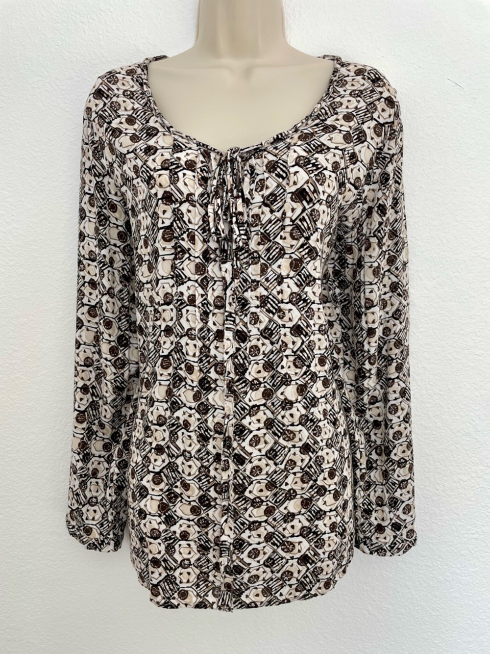 J. Jill Cream and Brown Tribal Printed Tie-Neck Peasant Tunic